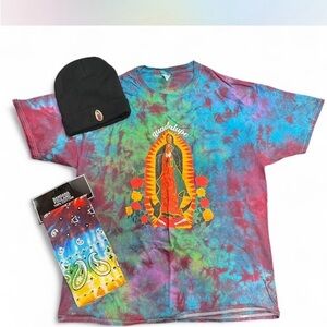 Colorful Tie-Dye Guadalupe Graphic T-Shirt with matching beanie and bandana